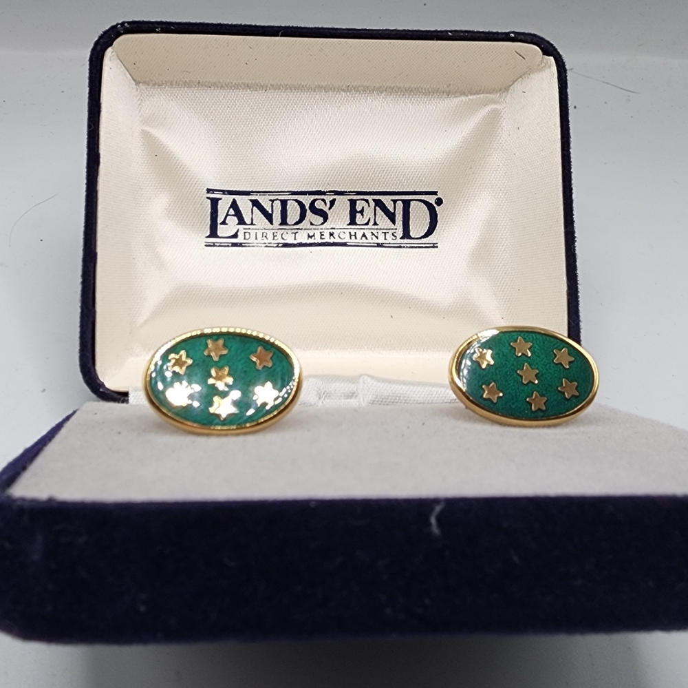 Lands End Green and Gold tone Star Cufflinks NIB
